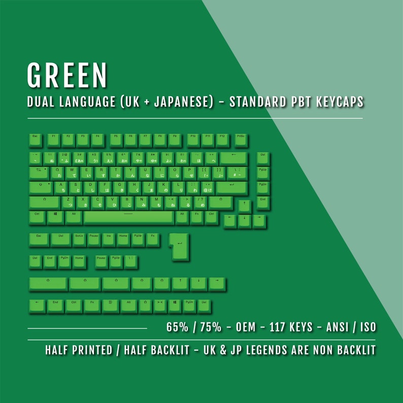 Green Japanese Hiragana Keycaps: Dual Language PBT, 65/75% (117 Keys ...