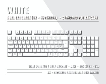 UK White Keychron Keycaps - Dual Language Keycaps - Double Shot PBT - Ansi & Iso Available - For Sizes 100/80 Tkl/60%