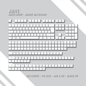 May include: White backlit ABS keycaps for a Swiss keyboard layout. The keycaps are arranged in rows and columns, with labels for each key. The keycaps are labeled with letters, numbers, symbols, and function keys. The keycaps are arranged in a standard keyboard layout. The keycaps are made of ABS plastic and are backlit. The keycaps are designed for use with a mechanical keyboard. The keycaps are sold in a bundle kit that includes 242 keys. The keycaps are compatible with ANSI and ISO keyboards. The keycaps are designed for use with a mechanical keyboard. The keycaps are sold in a bundle kit that includes 242 keys. The keycaps are compatible with ANSI and ISO keyboards.