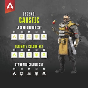May include: A digital illustration of the Apex Legends character Caustic. The image shows Caustic's different color sets for his Legend, Ultimate, and Standard skins. The color sets are displayed in a grid with the color tier and the corresponding skin icon.