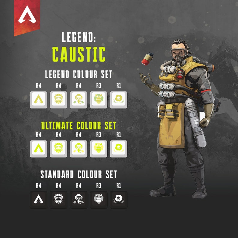 May include: A digital illustration of the Apex Legends character Caustic. The image shows Caustic's different color sets for his Legend, Ultimate, and Standard skins. The color sets are displayed in a grid with the color tier and the corresponding skin icon.