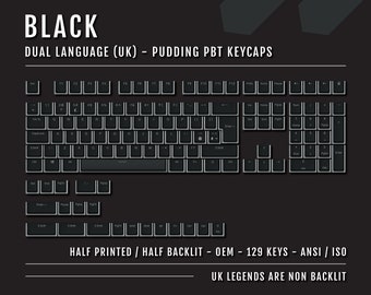 Black UK Pudding Keycaps - 129% Size - Dual Language Keycaps - Double Shot PBT - Ansi/Iso - 2.75U & 1.75U Shift Keycaps