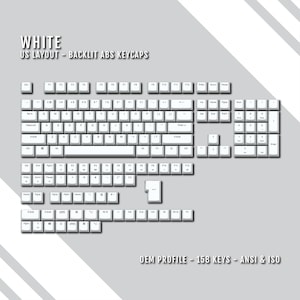 May include: White backlit ABS keycaps for a US keyboard layout. The keycaps are arranged in a standard layout with function keys, number keys, letter keys, and punctuation keys. The keycaps are labeled with the standard characters and symbols. The keycaps are designed for a mechanical keyboard and are compatible with ANSI and ISO layouts. The keycaps are made of ABS plastic and have a white finish. The keycaps are designed for a standard 104-key keyboard. The keycaps are compatible with most mechanical keyboards.