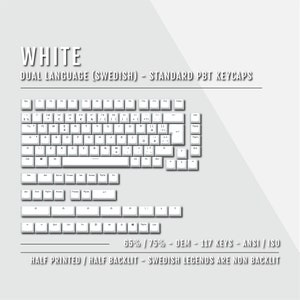 White Swedish Keycaps: Dual Language Double Shot PBT - 65/75% ISO-SE