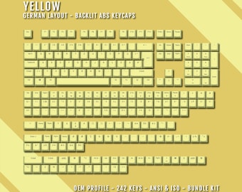 May include: A set of 242 yellow keycaps for a mechanical keyboard in the German layout. The keycaps are backlit and made of ABS plastic. The keycaps are in an OEM profile and include both ANSI and ISO layouts.