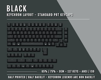 May include: Black keyboard keycaps with white lettering. The keycaps are made of PBT plastic and are compatible with 65% and 75% keyboards. The keycaps are half printed and half backlit. The keycaps are ANSI and ISO compatible.