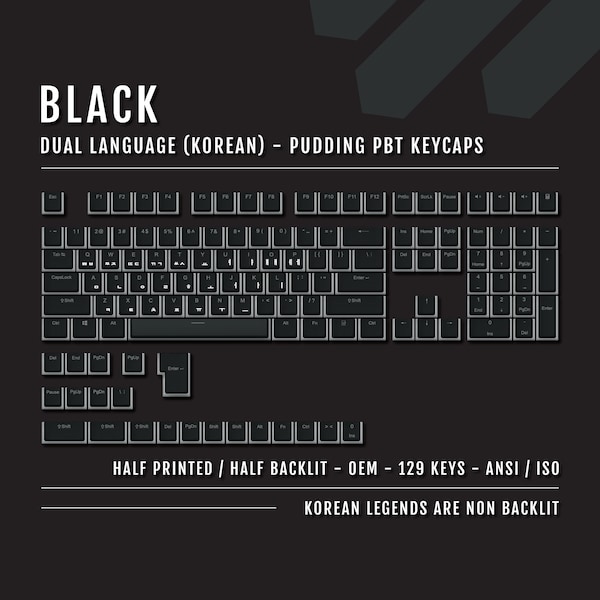 US Black Korean (Hangul) Pudding Keycaps - 129% Size - Dual Language Keycaps - Double Shot PBT - Ansi/Iso - 2.75U & 1.75U Shift Keycaps