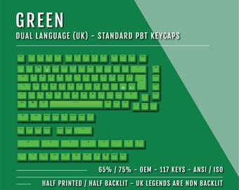 以下が含まれることがあります： 緑色のデュアル言語 (UK) 標準 PBT キーキャップ。画像には、メインのキーボードレイアウトと追加のキーを含む、緑色のキーキャップの完全なセットが表示されています。キーキャップのテキストは白です。