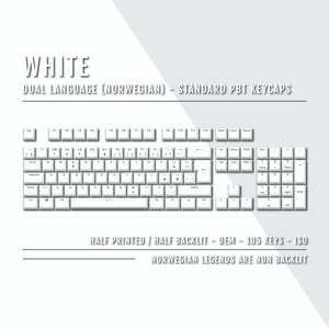 May include: White dual-language (Norwegian) keyboard with standard PBT keycaps. Features half-printed, half-backlit design with 105 keys. The Norwegian legends are non-backlit. The keyboard has a full layout with number pad.
