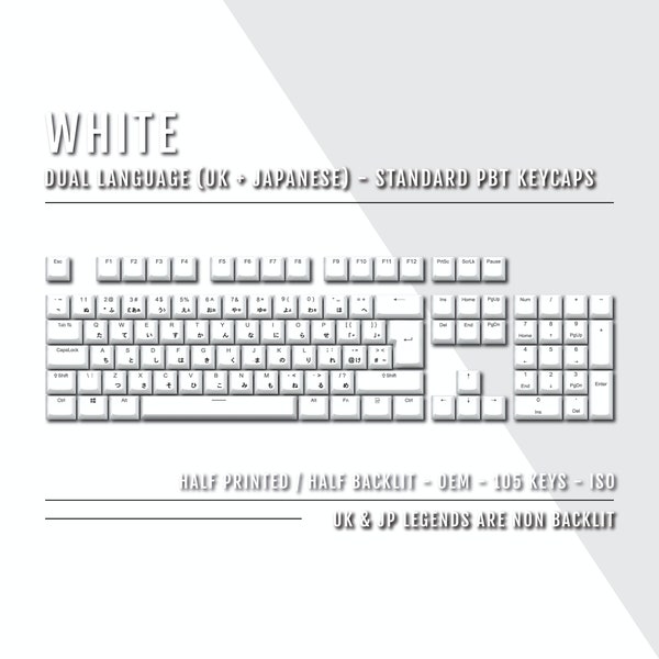 UK White Japanese (Hiragana) Keycaps - Dual Language Keycaps - Double Shot PBT - Ansi & Iso Available - For Sizes 100/80 TKL/60%