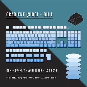 May include: Blue gradient keyboard keycaps with white lettering. The image includes the text "GRADIENT (SIDE) - BLUE", "OEM - BACKLIT - ANSI & ISO - 135 KEYS", and "FOR SIZES: 60% / 65% / 75% / 80% TKL / 96% / 100%."