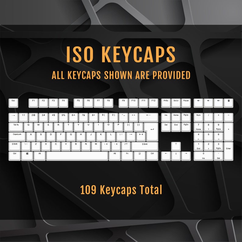 May include: A white keyboard with black lettering, showing all 109 keycaps. The keyboard is on a black background with a geometric pattern.