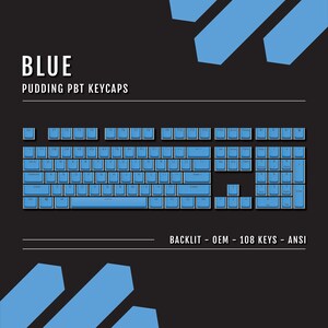 May include: Blue pudding PBT keycaps for a backlit keyboard. The keycaps are labelled with the standard ANSI layout and include 108 keys.