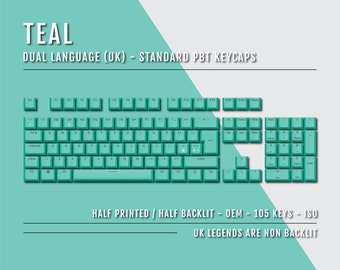 Teal UK Keycaps - Dual Language Keycaps - Double Shot PBT - Ansi & Iso Available - For Sizes 100/80 TKL/60%