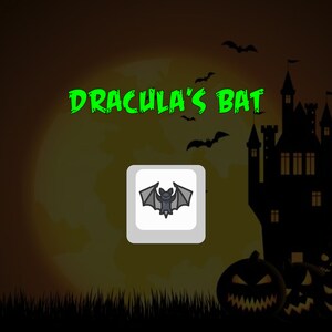 May include: A cartoon illustration of a bat with gray wings and a black body against a white background. The image is in a square frame with a gray border. The text "Dracula's Bat" is in green letters against a yellow and orange background with a silhouette of a castle in the background.