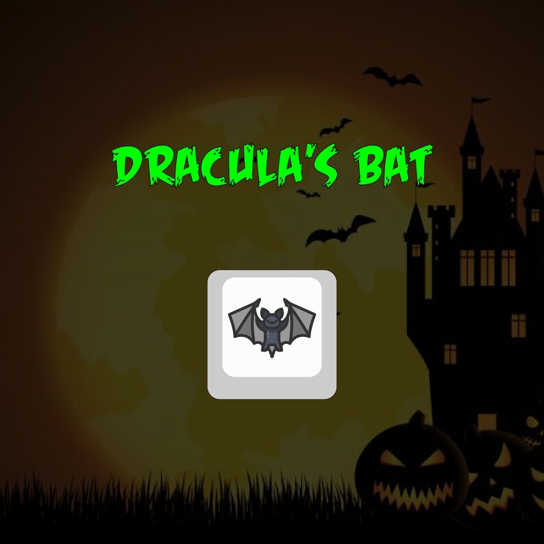 May include: A cartoon illustration of a bat with gray wings and a black body against a white background. The image is in a square frame with a gray border. The text "Dracula's Bat" is in green letters against a yellow and orange background with a silhouette of a castle in the background.