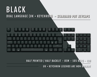 UK Black Keychron Keycaps - Dual Language Keycaps - Double Shot PBT - Ansi & Iso Available - For Sizes 100/80 Tkl/60%
