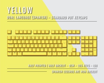 Yellow Spanish Keycaps - ISO-ES - Dual Language Keycaps - Double Shot PBT - Ansi & Iso Available - For Sizes 100/80 Tkl/60%
