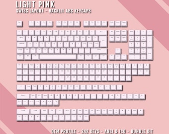 Könnte beinhalten: Ein Satz von 242 hellrosa Keycaps für eine mechanische Tastatur. Die Keycaps sind im OEM-Profil und kompatibel mit ANSI- und ISO-Layouts. Die Keycaps sind beleuchtet und verfügen über ein Schweizer Layout.