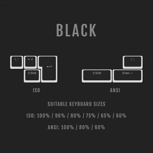 Puede incluir: Diagrama que muestra la diferencia entre los diseños de teclado ISO y ANSI. El diseño ISO tiene una tecla Intro más grande y una tecla Retroceso más pequeña. El diseño ANSI tiene una tecla Intro más pequeña y una tecla Retroceso más grande. El texto "BLACK" está en la parte superior de la imagen. El texto "SUITABLE KEYBOARD SIZES" está debajo del diagrama. El texto "ISO: 100% / 96% / 80% / 75% / 65% / 60%" está debajo del texto "SUITABLE KEYBOARD SIZES". El texto "ANSI: 100% / 80% / 60%" está debajo del texto "ISO: 100% / 96% / 80% / 75% / 65% / 60%".