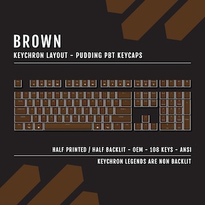 May include: Brown Keychron keyboard layout with pudding PBT keycaps. The keyboard has 108 keys and an ANSI layout. The text on the keys is half-printed and half-backlit. The Keychron legends are non-backlit.
