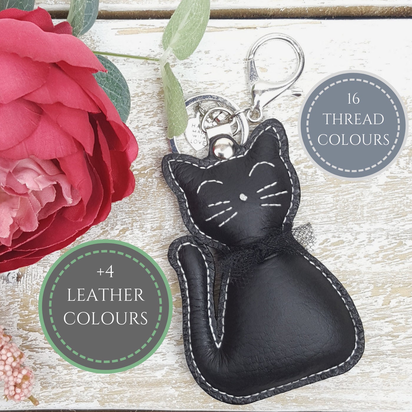 【BLACKPURPLE】24FW★ Signature Cat Heart Keyring-Brown Black Cat Keychain - Cat Leather Keyring - Kitty Bag Pendant