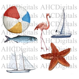 Maritime Strand Kombi - Sublimation Bild Pack, Aquarell Segelboot Bild, Sommer Clipart, Segelboot Zeichnung Kunstwerk, Nautischer Download