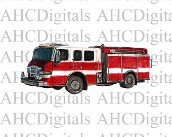 Red Firetruck Sublimation Image, Watercolor Red Firetruck, Firefighter Artwork, Digital Download, Fire Enginge png, Digital Pickup truck