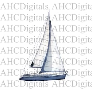 Blaues Boot Sublimation Bild, Aquarell Segelboot Bild, Blau Nautische Clipart, Segelboot Zeichnung Kunstwerk, Nautischer digitaler Download