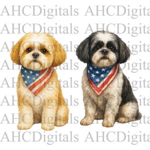 Shih Tzu Combo Pack (2) Sublimation Image, Watercolor Shih Tzu PNG, Cute Dog Digital Download, USA Clipart, Dog Art Printable Fourth of July