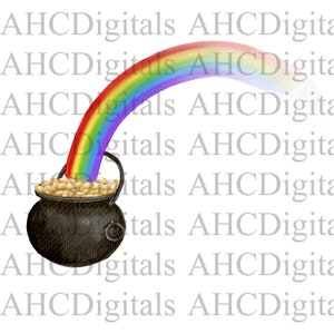 May include: A black pot filled with gold coins is at the end of a rainbow.