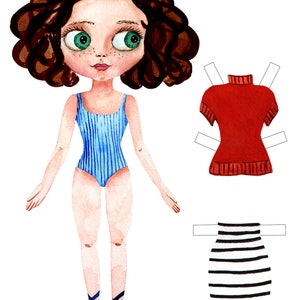 Curly dark haired paper doll girl with outfits. paper crafts. printable. download