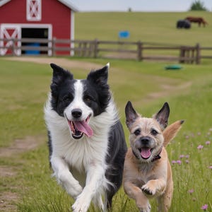 May include: Two dogs running through a grassy field. One is a black and white Border Collie, the other is a tan terrier mix. A red barn and green field are in the background.