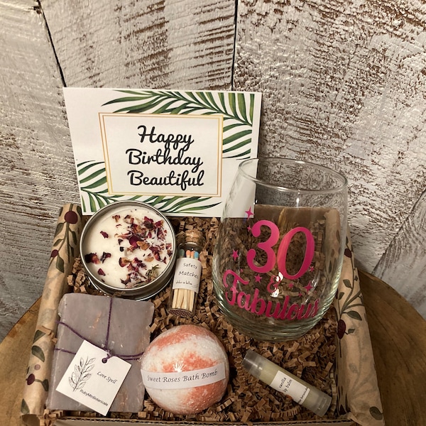 30th Birthday Gift Box | 30 and Fabulous Birthday Gift | Handmade | Personalized Wine Glass | Candle Gift Box | Organic Spa Gift Basket