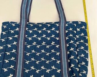 Handmade fully lined embroidered denim tote bag with pockets