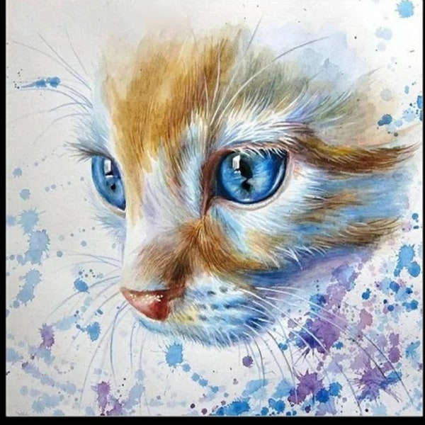 Kitten in Blue Watercolor Diamond Painting Kit, DIY Full Round 12x12 in (30×30cm)