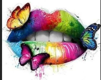 Rainbow Lips Butterflies Diamond Painting Kit, DIY Full Round 12x12 in (30×30cm)