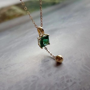 14K Solid Gold Pendant, Square Gemstone Inlay, Emerald Pendant, Gold Ball Pendant, Dainty Gold Jewelry, Gift for Her