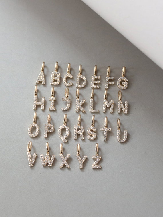 Letter Pendant 14K Solid Gold Jewelry With White Zircon Etsy