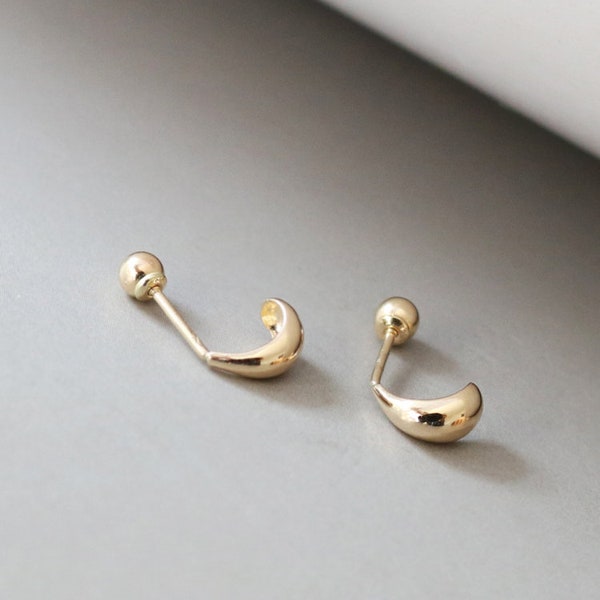 Dainty Arc Earrings, 10K Solid Gold Jewelry, Handmade Stud Earrings with Screw Backs, Minimalist Stud Earrings, Gift for Her, Piercing Studs