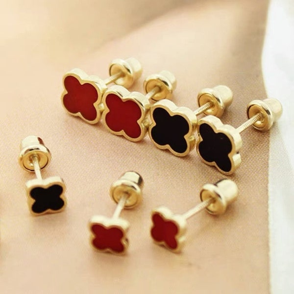 10K Solid Gold Clover Stud Earrings, Black Earrings, Red Earrings, Minimalist Jewellery, Statement Earrings,  4 Leaf Clover Earrings