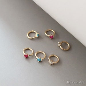 Dainty Hoop Earrings, 10K Solid Gold Jewelry with Gemstone Inlay, Mini Gemstone Earrings, Gift for Her, Gold Earrings