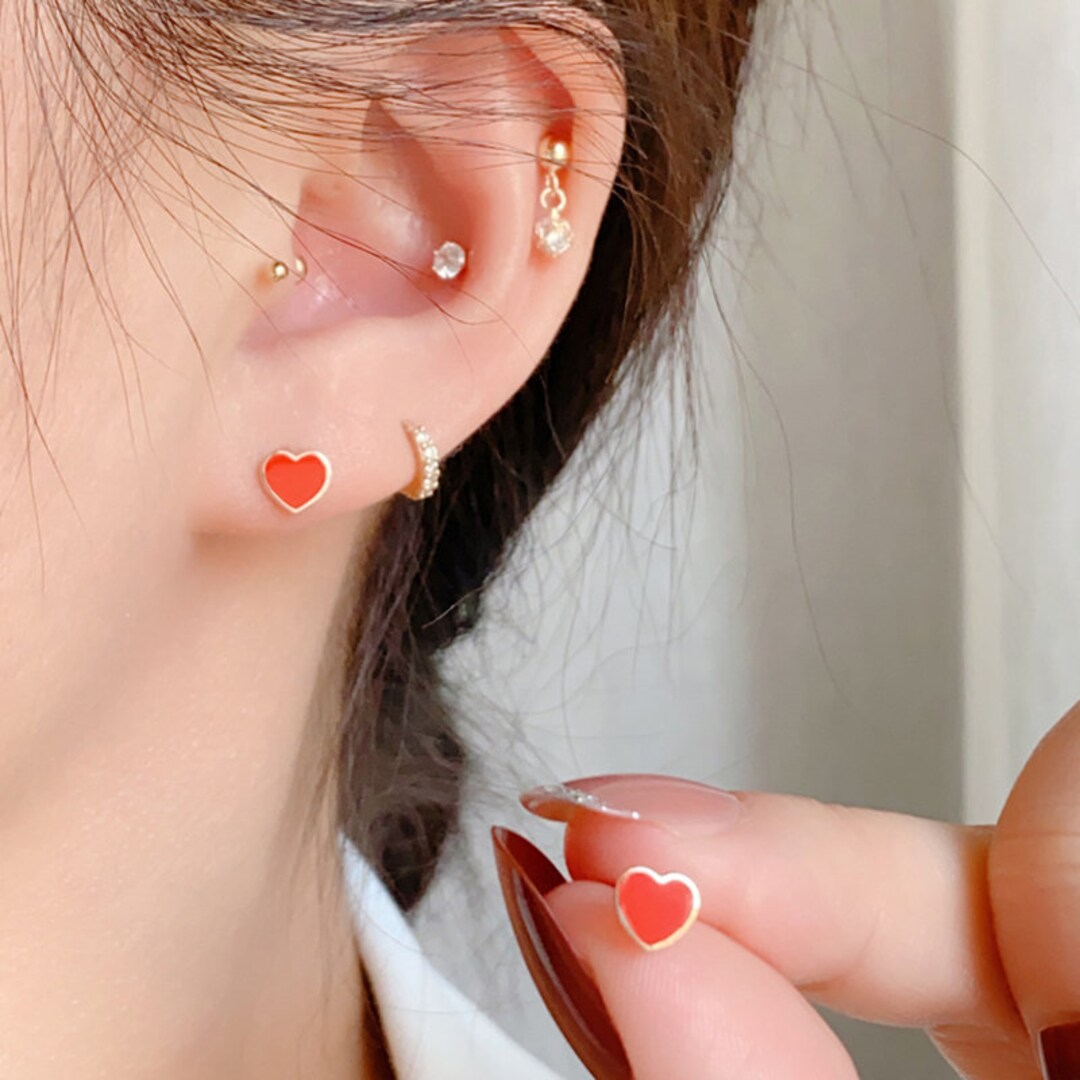 10K Solid Gold Stud Earrings, Minimalist Red Heart Stud Earrings With