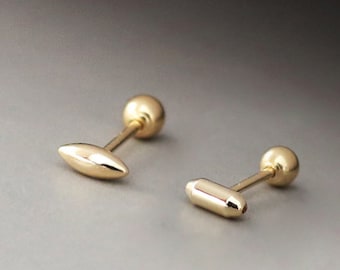 14K Solid Gold Stud Earrings, Minimalist Cylinder Stud Earrings with Screw Backs, Dainty Cone Earrings, Geometric Earrings