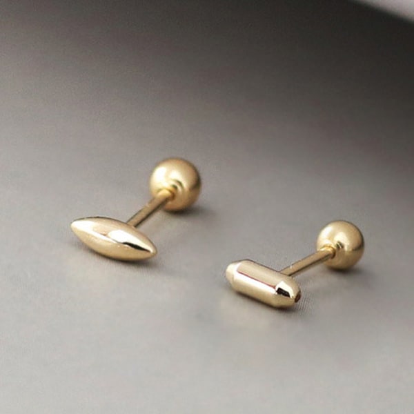 Boucles d’oreilles 14K Solid Gold Stud, boucles d’oreilles minimalistes à tiges cylindriques avec dos à vis, boucles d’oreilles à cône délicat, boucles d’oreilles géométriques