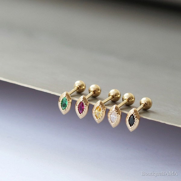 Boucles d'oreilles Dainty Eyes, Bijoux en or massif 14K avec incrustation de pierre, Boucles d'oreilles Mini Gemstone, Piercing Studs avec dos vissés, Cadeau pour elle