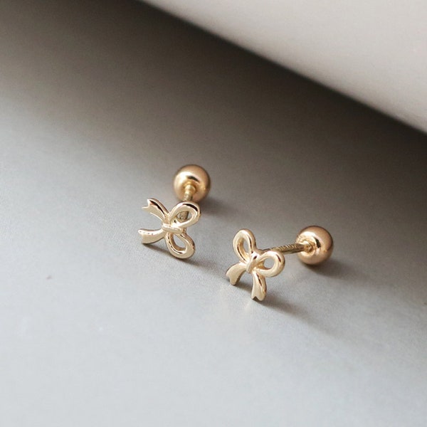 Dainty Bowtie Stud Earrings, 10K Solid Gold Jewelry, Piercing Studs with Screw Backs, Gift for Her, Minimalist Earrings for Everyday Wearing