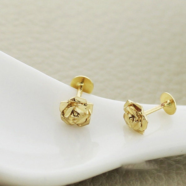 14K solid Gold Stud Earrings, Minimalist Rose Flower Earrings with Screw, Dainty Piercing Studs, Carved Rose Statement Earrings