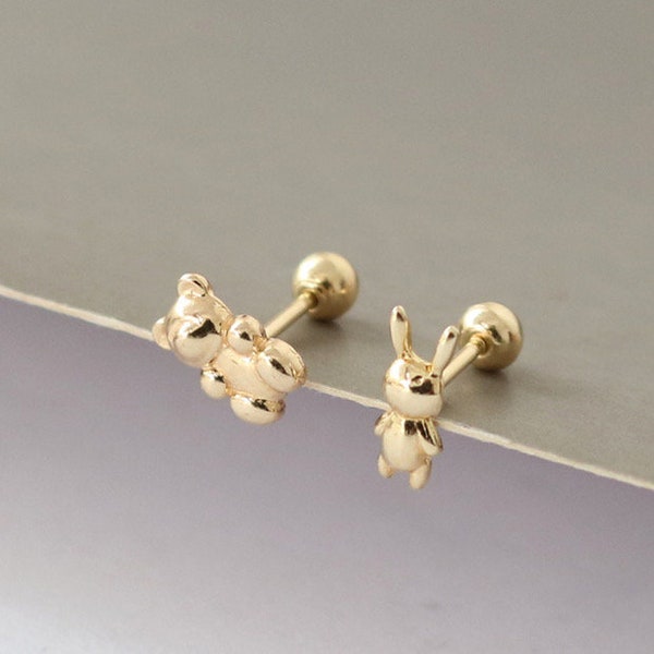 Tiny Teddy Bear Studs, 14k Gold Bear piercing studs, teddy bear jewelry earrings, kids earrings ready to ship