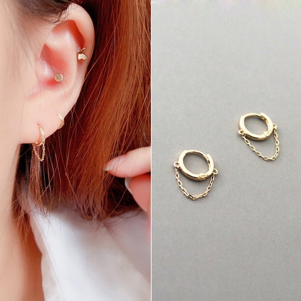 Huggie Chain Earrings, 10K Solid Gold, Hoop Earrings Linking Chains, Minimalist Gold Hoop Earrings, Clip on Earrings, Statement Earrings